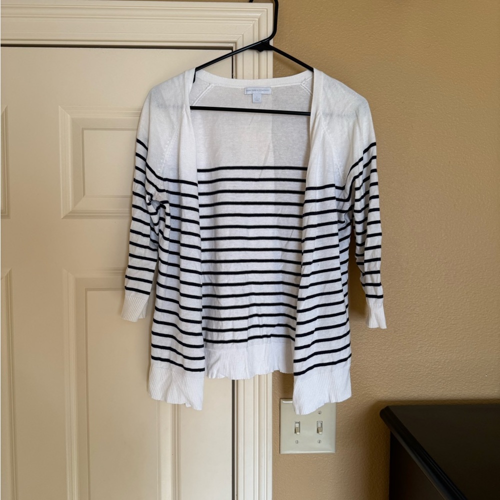 New York & Company white with blue stripes Cardigan